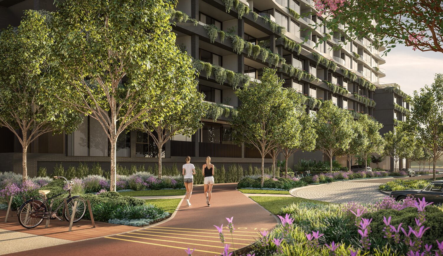 Residents walking and cycling the tree-lined Maple Walk at The Eveline, artist impression
