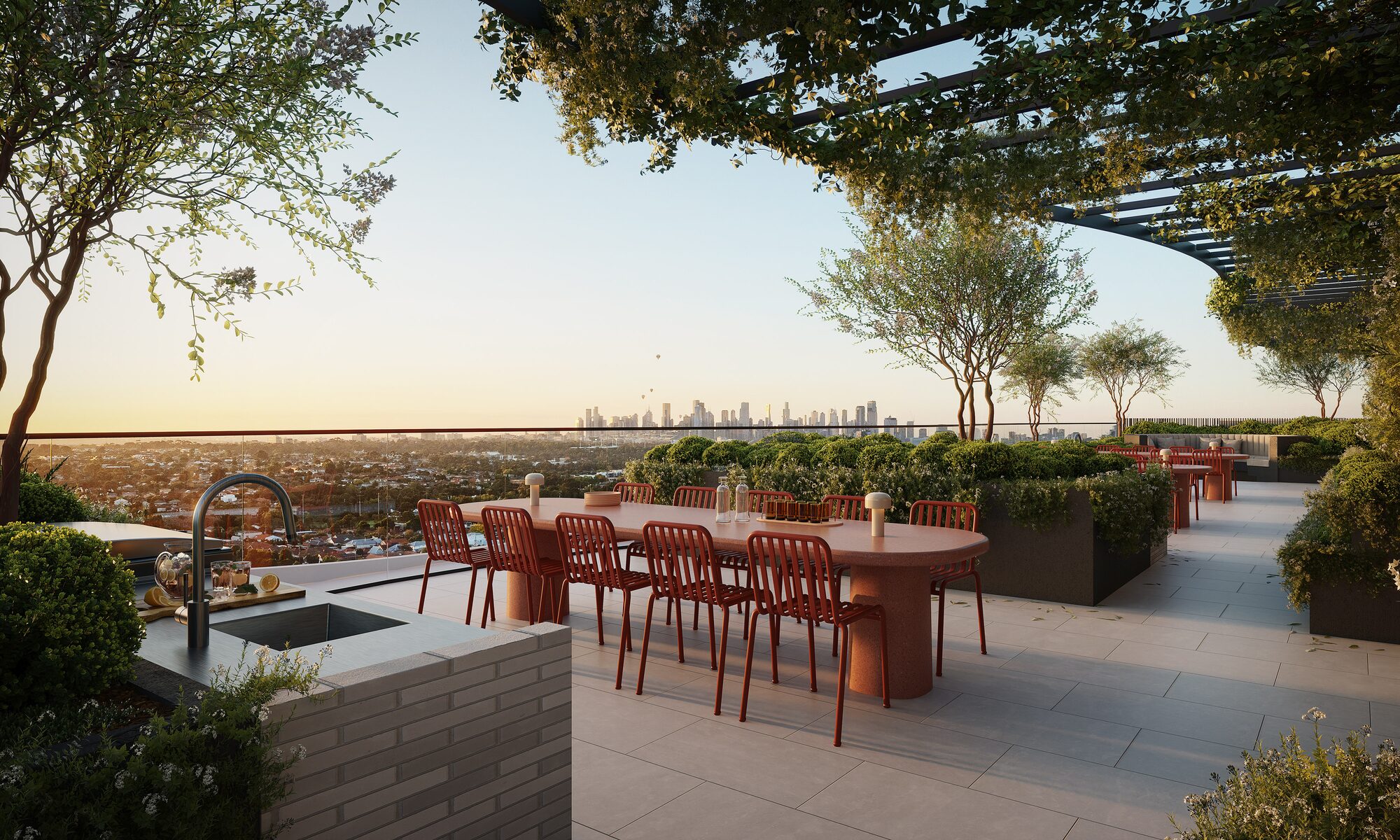 The Eveline rooftop with views across the parkland to the Melbourne CBD skyline, artist impression