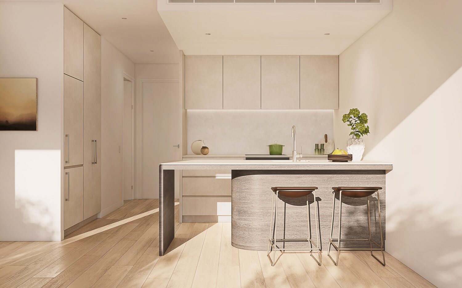 One bedroom kitchen at The Eveline with stone island and natural light, artist impression